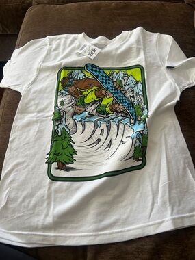 Vans White Tee with Green, Blue & Black Graphic